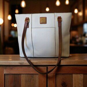 Dooney & Bourke Wexford Lexington Pebble Leather Tote Bag White Tan Handles Red